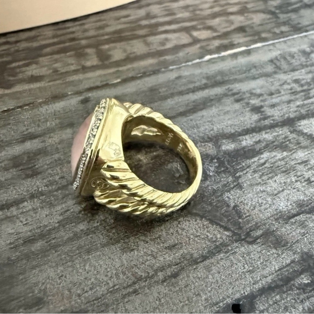 David Yurman Albion  18k Gold Ring Rose Quartz Center Diamond Halo - Size 8.25 - Picture 7 of 7
